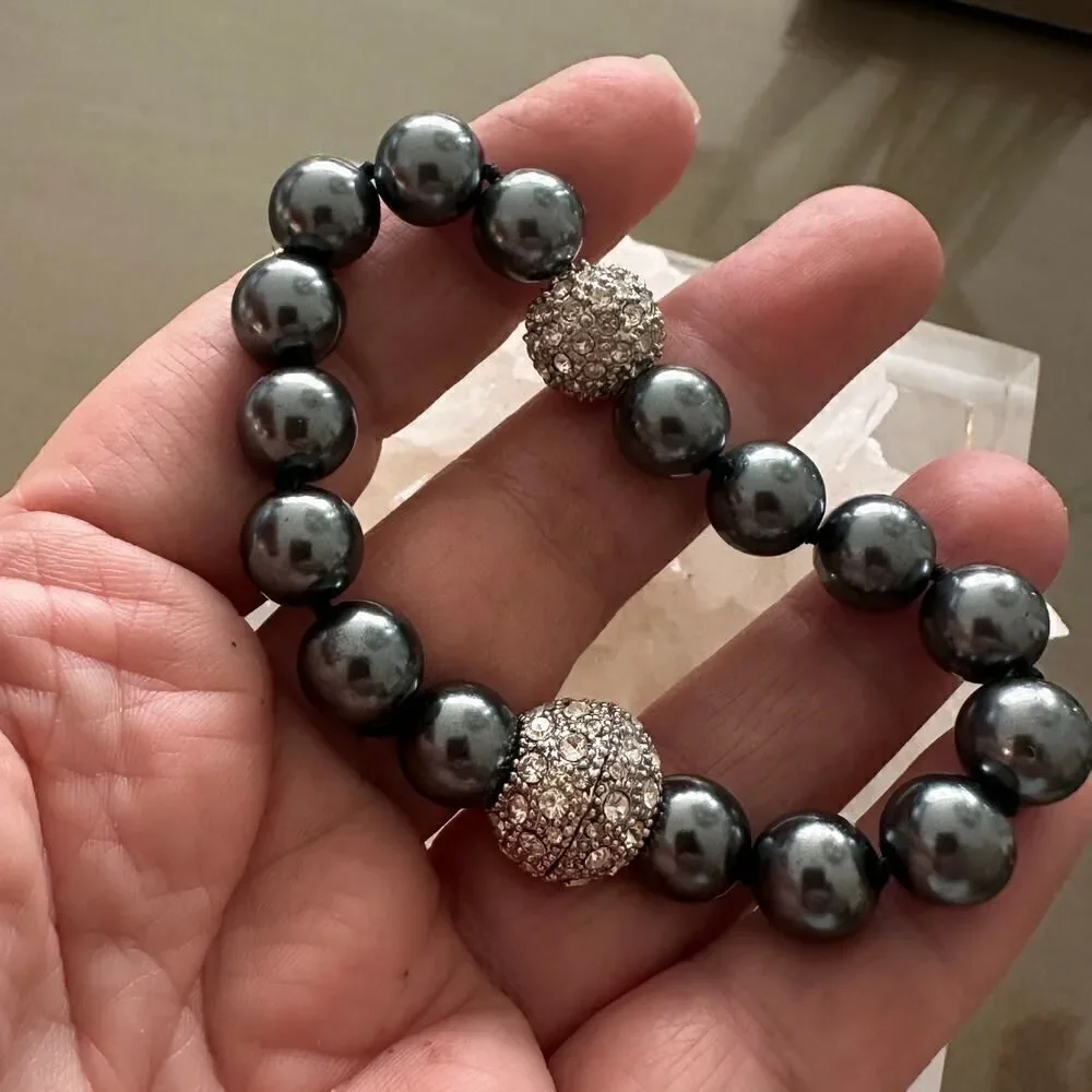 Gray Pearl Pave Ball Crystal Magnetic Close Bracelet